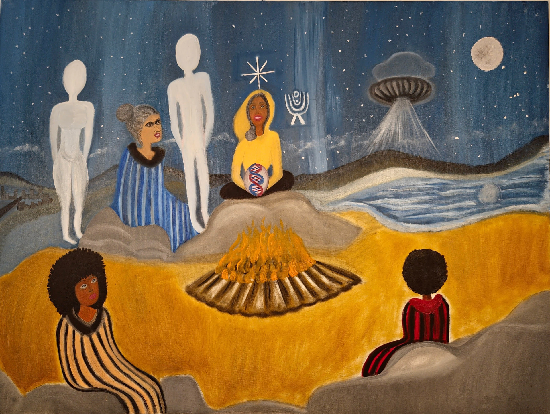 The Rite of Remembrance — ancestral and celestial figures gathered around a fire at night