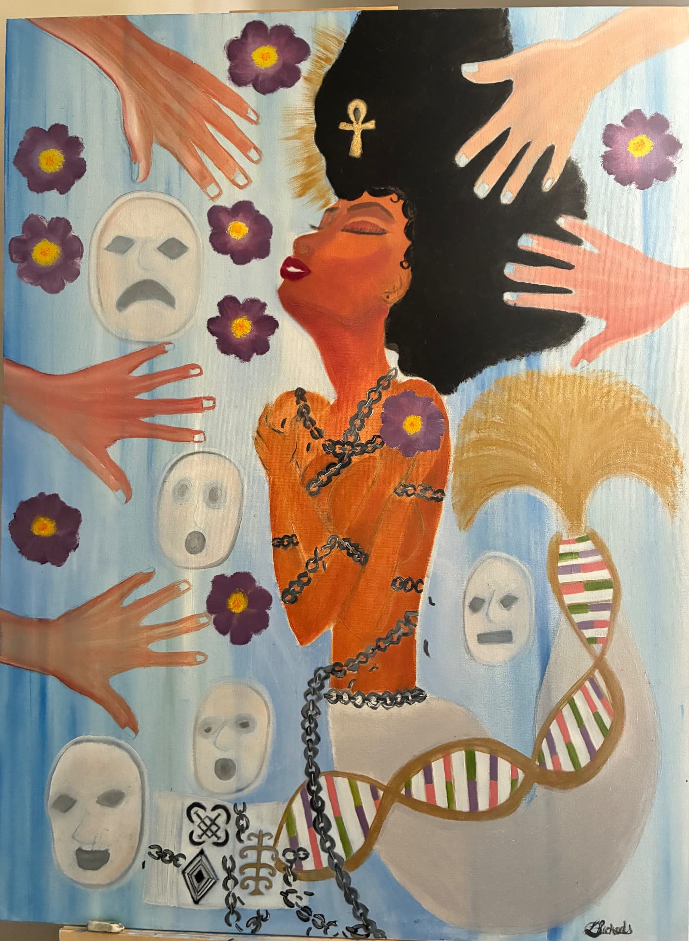 Symbolic painting with masks, hands, chains, flowers, an ankh and a DNA helix
