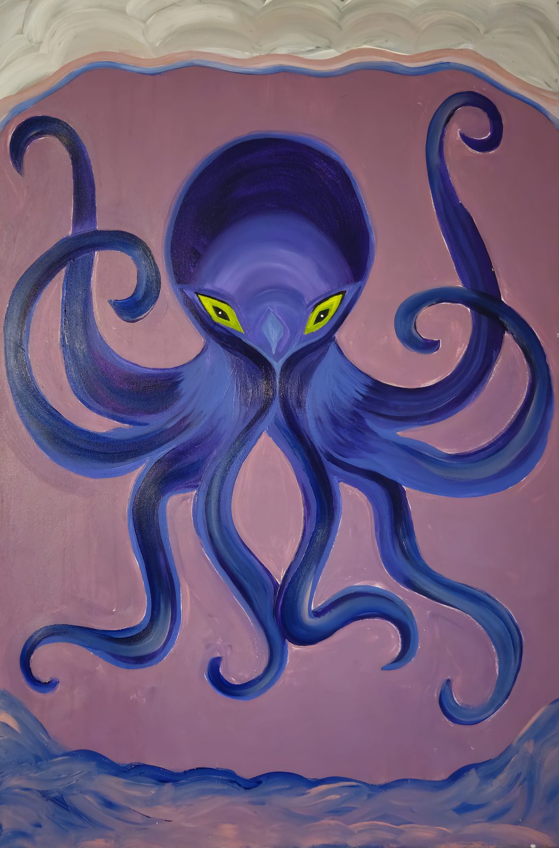 A purple octopus with yellow eyes against a pink background