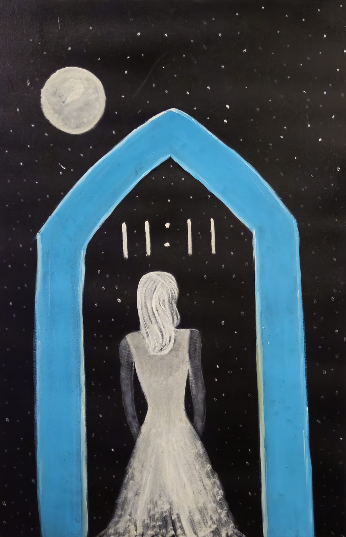 A woman standing before a glowing archway at 11:11, beneath a full moon