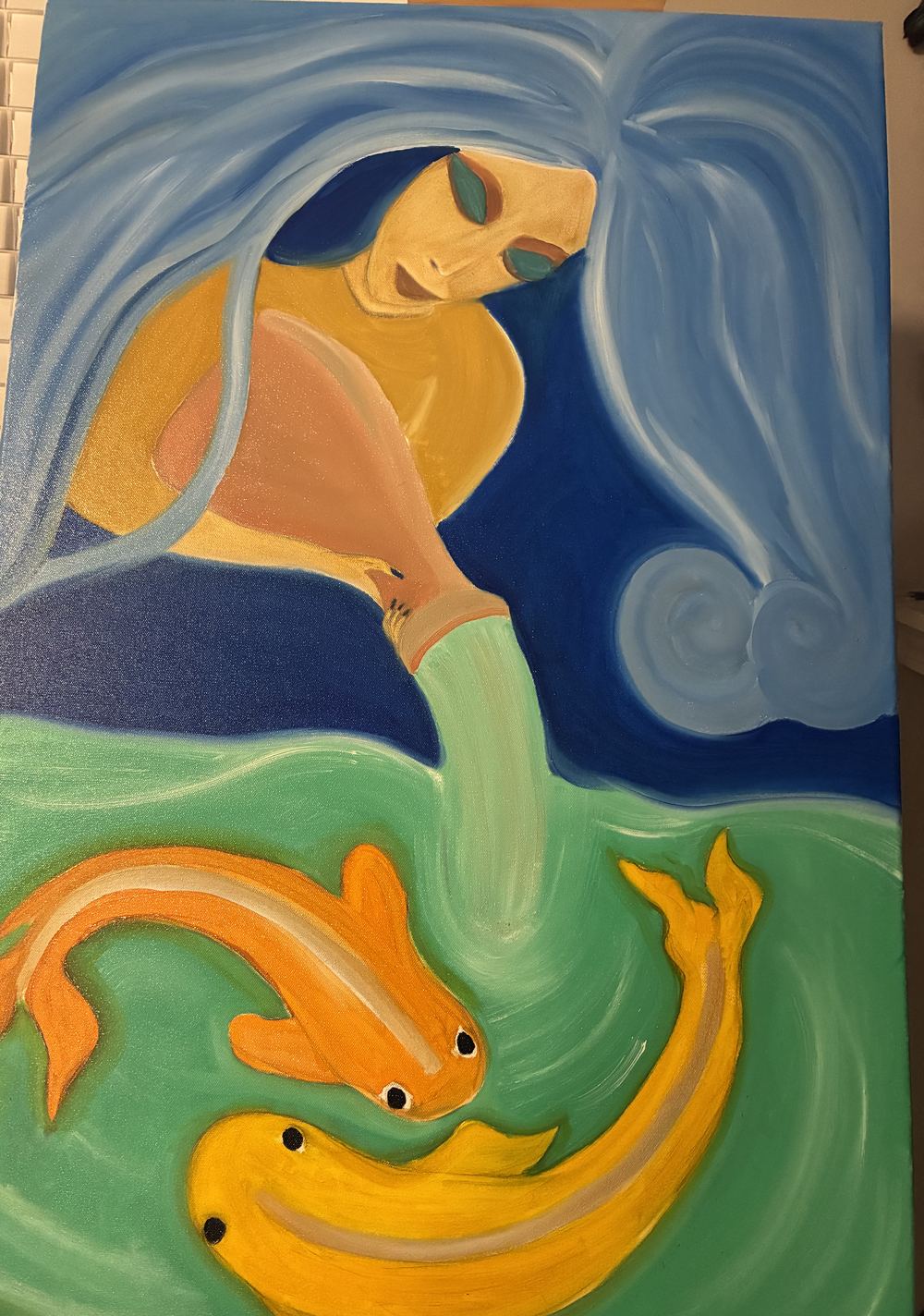 A feminine figure pouring water, with koi fish below