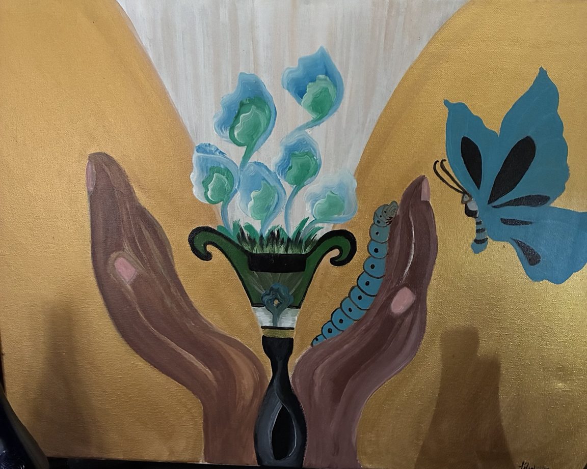 Two hands cradling a vase of flowers beside a caterpillar and a monarch butterfly